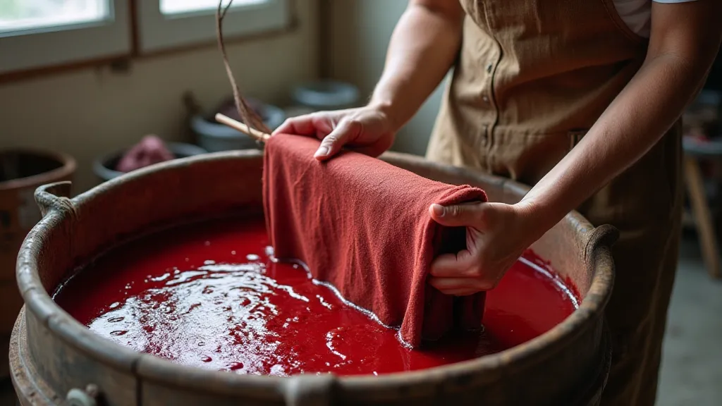 Artisan dyeing fabric with madder root
