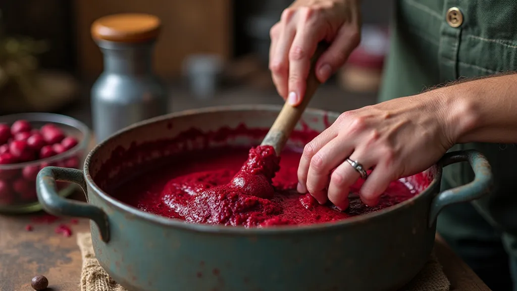 An artisan dyeing fabric with beet dye.