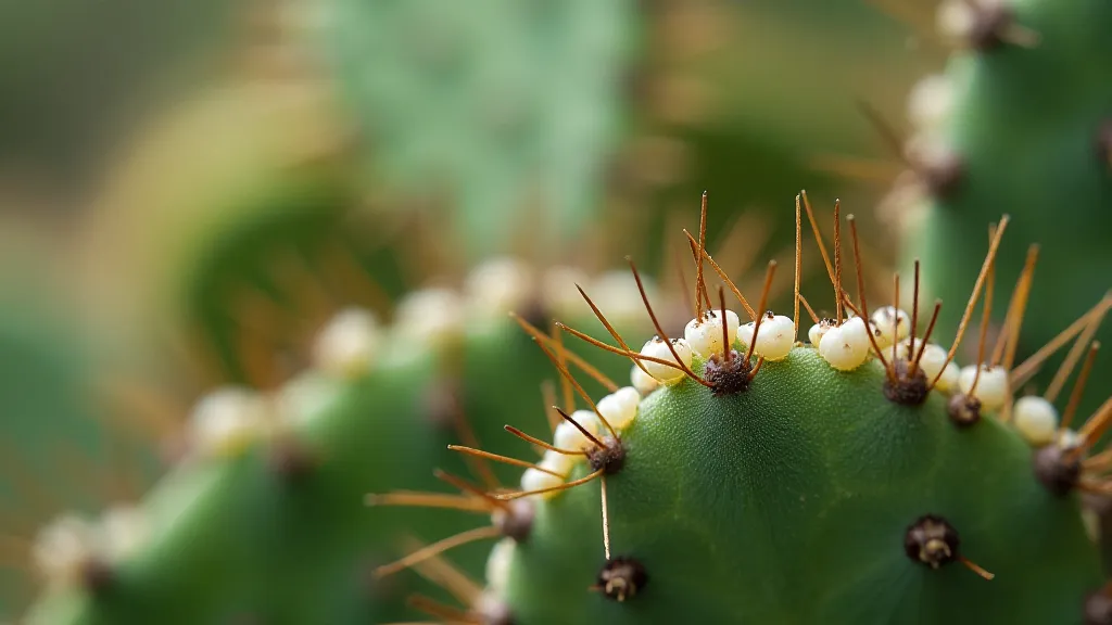 Close-up of cochineal insects on a cactus pad.