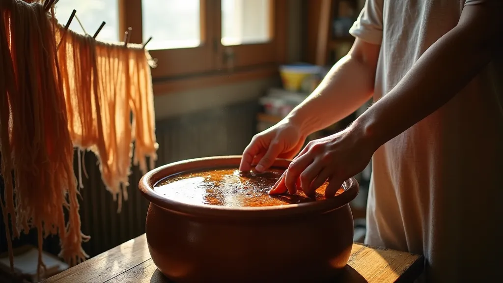 Hands stirring a dye pot.
