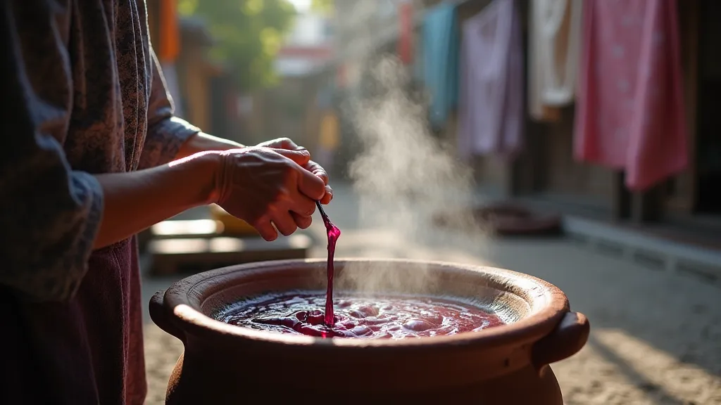 Elderly woman stirring dye in a clay pot