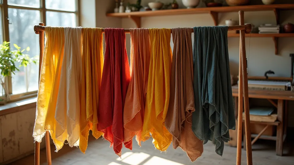 Display of naturally dyed textiles.