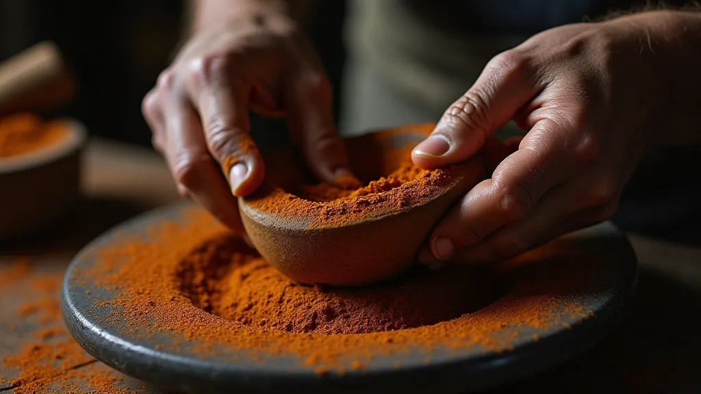 Craftsman grinding ochre pigment