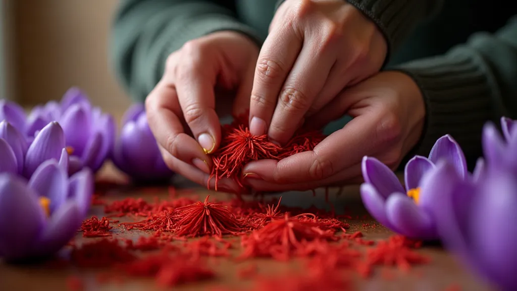 Artisan harvesting saffron stigmas