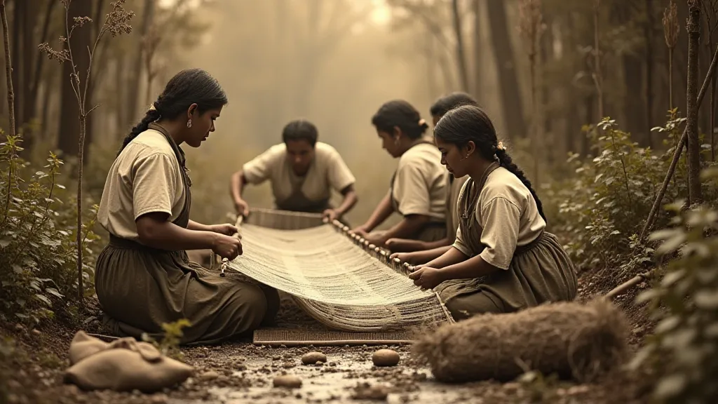 Vintage photograph of women dyeing and weaving textiles